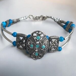 Vintage Silver Cuff Bracelet Handmade Hand Crafted Jewelry Blue Green Turquoise